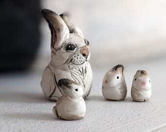 Tiny Clay Snow Bunny with Babies, Cute Mini Rabbit Family Mom and 4 Baby Bunnies, White Grey Black