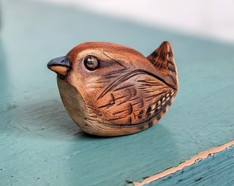 Winter Wren Bird Figurine, Small Primitive Collectible Artisan Sculpture, Hand Painted Polymer Clay, Bird Lover Gift