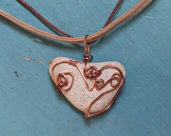 Copper Coils Heart Stone Pendant Necklace, Natural Beach Find Rock Jewelry, Boho Gift for Sister