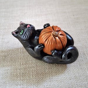 Small Black Cat Pumpkin Sculpture, Cute Tiny Polymer Clay Hand Painted Halloween Figurine, Feline Lover Gift