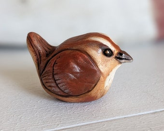 Carolina Wren Bird Sculpture, Small Primitive Collectible Artisan Figurine, Hand Painted Polymer Clay, Bird Lover Gift