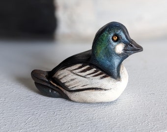 Diving Duck Mini Sculpture Clay Figurine, 2 inch Common Goldeneye Aquatic Bird Primitive Hand Sculpted Collectible, NA Water Fowl Lover Gift