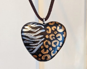 Heart Pendant Gold Leopard Print Silver Zebra Stripe, Chic Animal Print Necklace, Jewelry Gift for Girlfriend