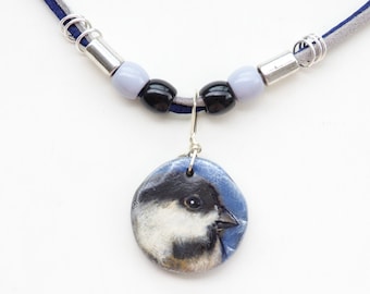 Chickadee Necklace, Primitive Folk Art Bird Hand Painted Polymer Clay Pendant and Beaded Jewelry, Bird Lover Gift