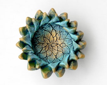 Cactus Plant Small Ring Dish, Hand Made Polymer Clay Abstract Succulent OOAK Green Gold Teal Jewelry Keeper