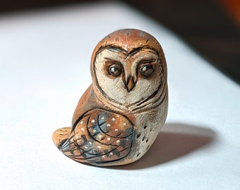 Tiny Cute Barn Owl Figurine in a Primitive Artisan Style, Hand Sculpted and Painted Bird of Prey, Gift for Bird Collector