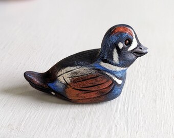 Clay Harlequin Duck Figurine, Hand Sculpted and Painted Aquatic Bird, Rustic Primitive Style Collectible