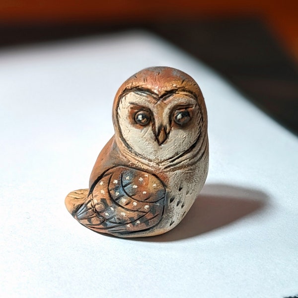 Tiny Cute Barn Owl Figurine in a Primitive Artisan Style, Hand Sculpted and Painted Bird of Prey, Gift for Bird Collector