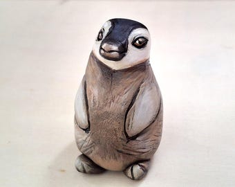 Hand Sculpted Baby Emperor Penguin Figurine: Small Clay Bird Sculpture