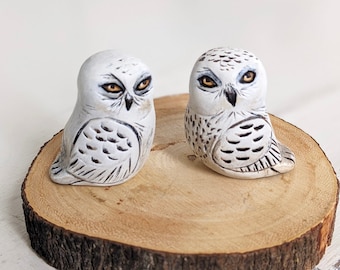 Snowy Owl Pair, Primitive Style Small Size Polymer Clay Collectible Bird Figurines, Owl Lover Friend Gift