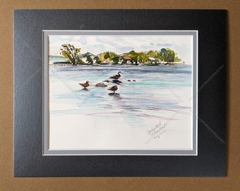 Original Watercolour Painting with Mat, Canada Geese in Paynter's Bay, Georgian Bay Plein Air Art