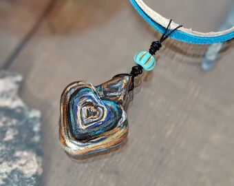 Small Faux Agate Heart Pendant Necklace, Hand Sculpted Painted OOAK Clay Charm Jewelry, Woman Rock Hound Gift