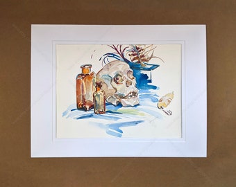 Skull Feathers Bottles Watercolour Painting 9"x12" with Neutral 16"x12" Mat, Ready to Frame Original Art, Still Life