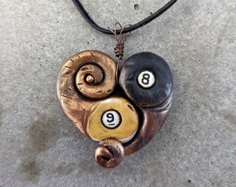 Yin Yang Pool Ball Necklace Weird Heart Shape Pendant with Curly Cues and Metallic Accents, Woman Billiards Player Jewelry Gift