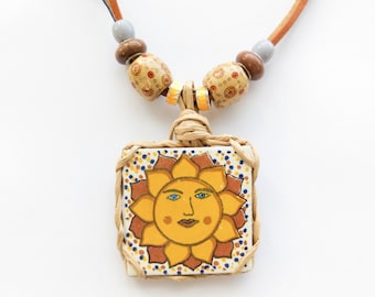 Mini Mexican Tile Pendant Necklace, Sun Face Flower Terracotta Glazed Square Pottery Piece Jewelry Golden Yellow Colour