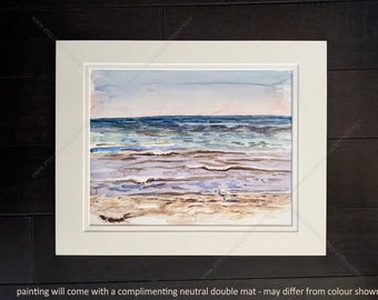 Sauble Beach Painting, Plein Air Shoreline and Seagull Watercolour Art with Double Neutral Mat