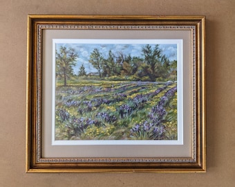 Original Art Framed 14"x11", Lavender Farm Field Painting Plein Air and in Studio, Acrylic on Archival Primed Unstretched Canvas