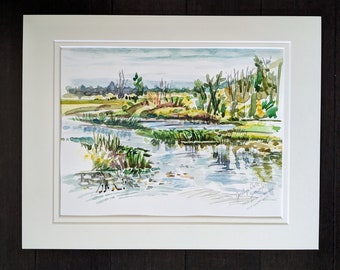 Original Watercolour Painting of Marsh in Oliphant Ontario, Loose Original Plein Air Art Matted and Un-framed, Grey Bruce Art