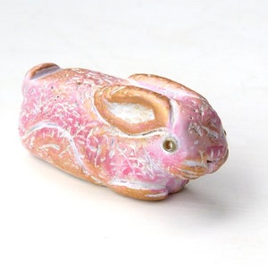 Primitive Pink and Gold Bunny Figurine, Little Rabbit Sculpture in Polymer Clay Hand Painted, Animal Lover Gift