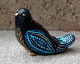 Boho Bird Dark Blue and 18 Karat Gold Leaf Accents, Polymer Clay Primitive One of a Kind Artisan Figurine