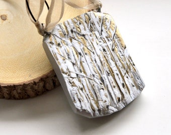 Abstract Birch Tree Forest Pendant, Modern Rustic Elegant Gold Leaf Black White Grey Nature Chunky Statement Jewelry, Nature Lover Gift