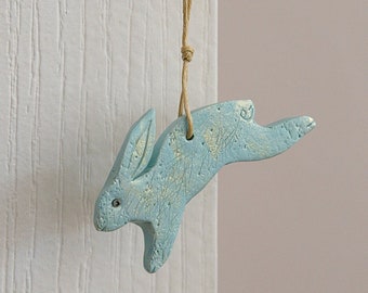 Primitive Bunny Ornament, Light Dusty Turquoise Polymer Clay Rabbit with Gold Accents, Animal Sculpture, Bunny Gift Topper