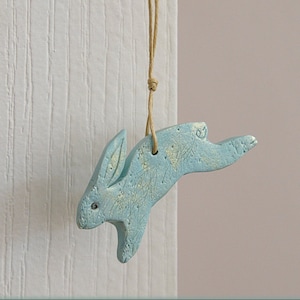 Primitive Bunny Ornament, Light Dusty Turquoise Polymer Clay Rabbit with Gold Accents, Animal Sculpture, Bunny Gift Topper image 1