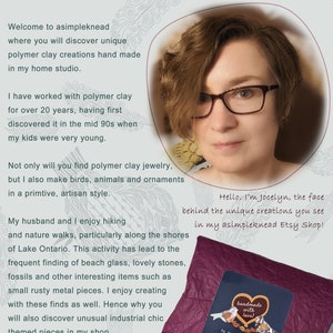 May include: A woman with short brown hair and glasses smiles at the camera. She is wearing a white shirt. The text "Whimsical Polymer Clay Creations" is at the top of the image. The text "Hello, I'm Jocelyn, the face behind the unique creations you see in my asimpleknead Etsy Shop!" is at the bottom of the image. The text "handmade with love!" is on a purple background with a heart and two birds.