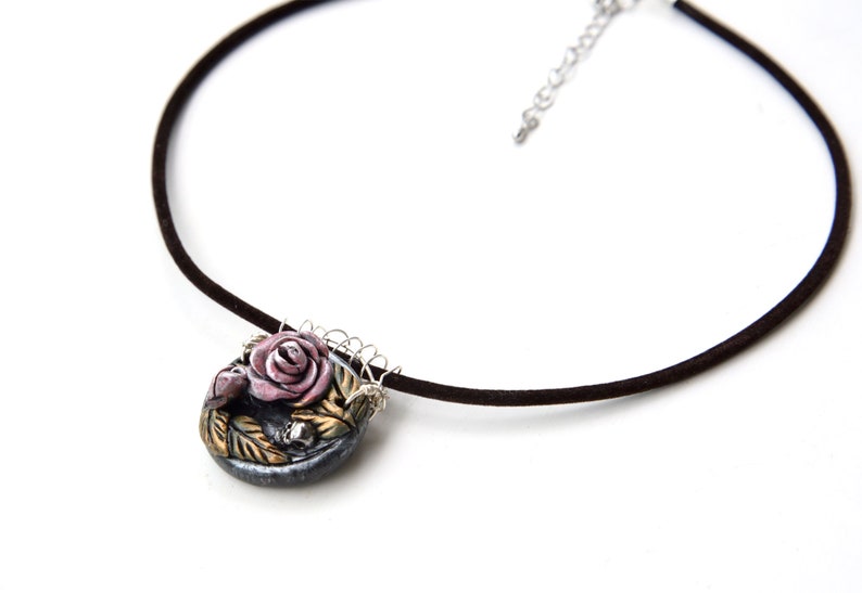 Gothic Roses and Skull Pendant Necklace Polymer Clay Hand Sculpted on Velveteen Cord