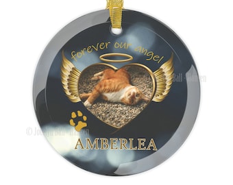 Pet Memorial Ornament, Angel Wings and Heart Graphic, Hanging Glass Decoration, Cat or Dog Owner Loss Bespoke Gift