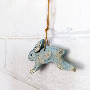 Primitive Bunny Ornament, Light Dusty Turquoise Polymer Clay Rabbit with Gold Accents, Animal Sculpture, Bunny Gift Topper image 3