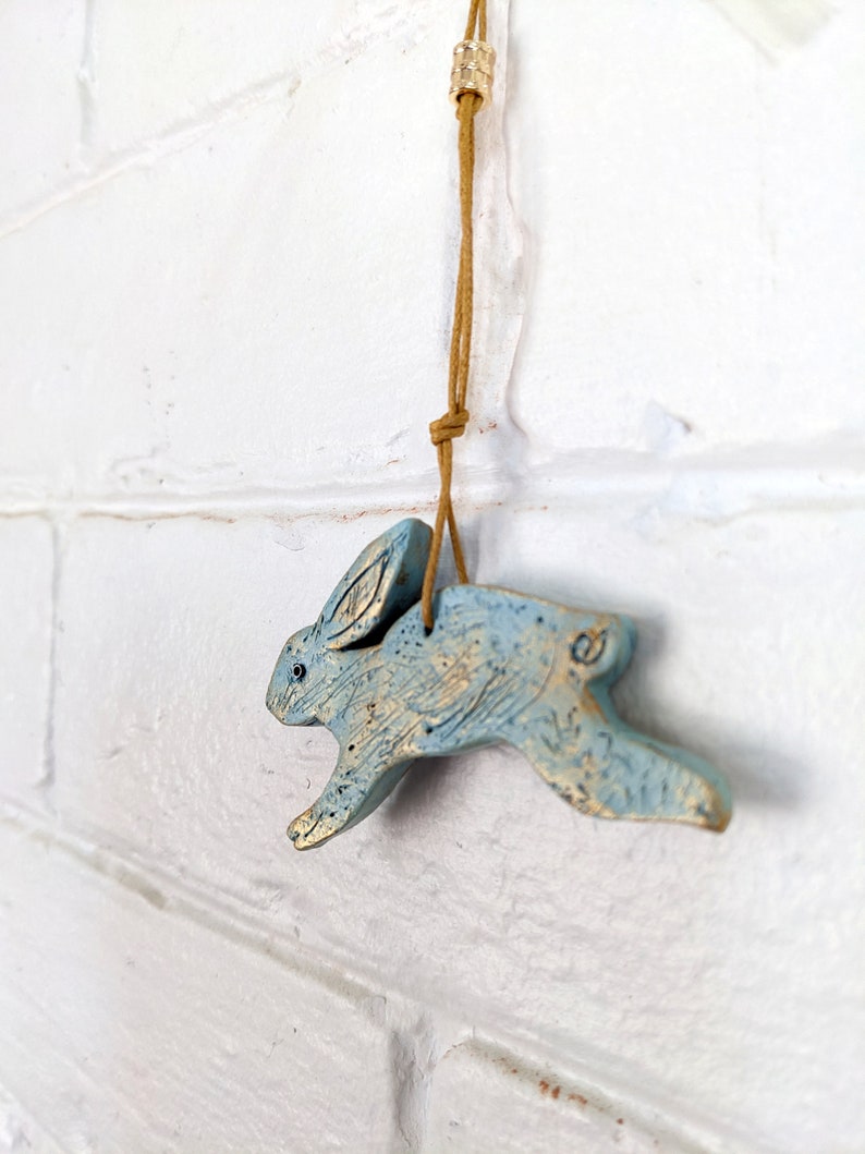 Primitive Bunny Ornament, Light Dusty Turquoise Polymer Clay Rabbit with Gold Accents, Animal Sculpture, Bunny Gift Topper image 3