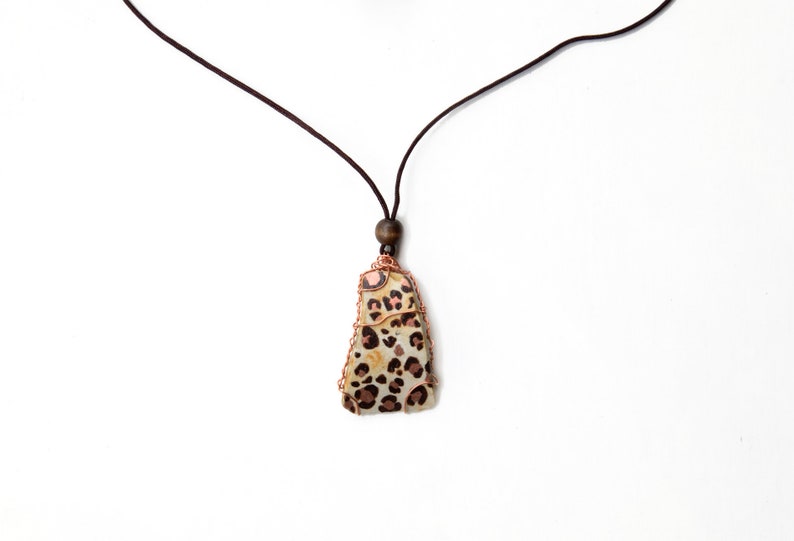 Broken Beach Pottery Leopard Print Pendant Necklace Wire Wrapped Found Object Hand Painted Animal Jewelry