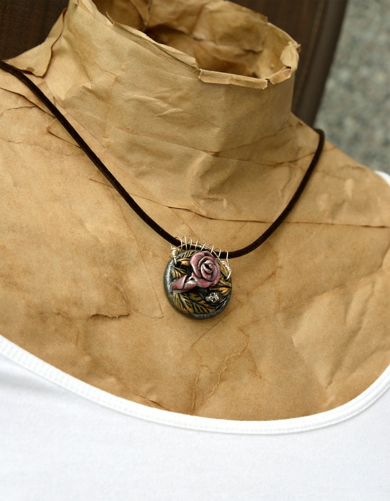 Gothic Roses and Skull Pendant Necklace Polymer Clay Hand Sculpted on Velveteen Cord
