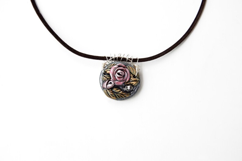 Gothic Roses and Skull Pendant Necklace Polymer Clay Hand Sculpted on Velveteen Cord