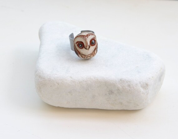 Primitive Barn Owl Ring Hand Sculpted Polymer Clay Painted Etsy