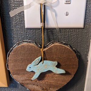 Primitive Bunny Ornament, Light Dusty Turquoise Polymer Clay Rabbit with Gold Accents, Animal Sculpture, Bunny Gift Topper image 4