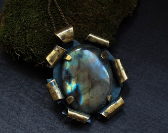 Celtic jewelry Antique brass necklace Labradorite necklace brutalist jewelry Unique stone necklace Antique bronze necklace fantasy jewelry