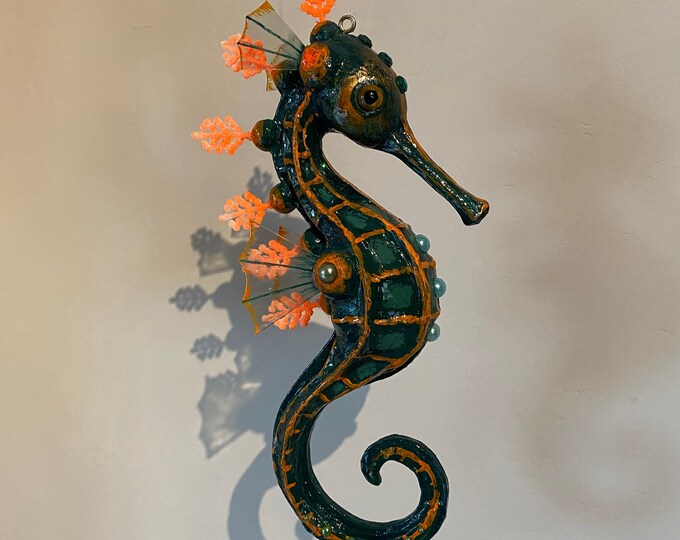 Seahorse Papier Mache Sculpture. One of a Kind Detailed Hand Painted
