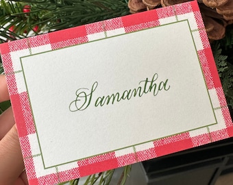 Winter Plaid Place Cards | Holiday Name Cards | Seating Cards | Custom Handwritten Calligraphy | Red & Green Plaid