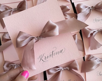 Silk Bow Pink Place Cards | Custom Calligraphy | Coquette Trend | Girl's Party | Baby Shower