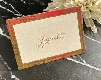 Autumn Plaid Place Cards | Name Cards | Seating Cards | Custom Handwritten Calligraphy | Metallic Plaid