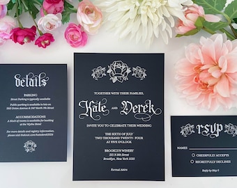 Alternative/ Gothic/ Tattoo/ Blackletter Wedding/ Birthday Invitation 3- Piece Suite plus Envelopes