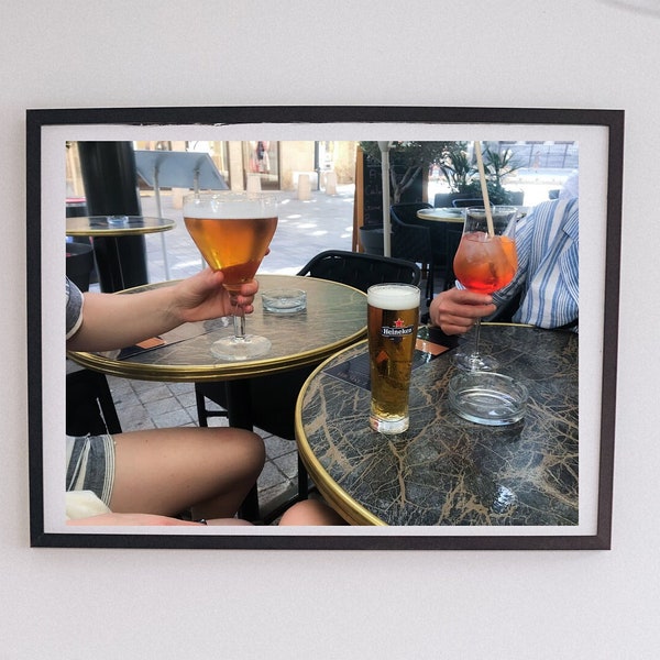 Beer Goblet | French Sidewalk Cafe Scene Aperol Spritz Drinks Outdoor Provence France | Horizontal Fine Art Print Europe Travel Photograph