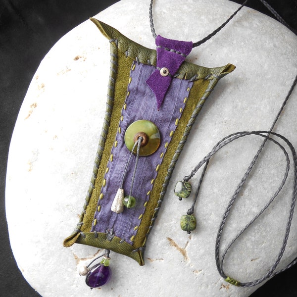 Leather Amulet 'together'- Silk, Sterling Silver, Amethyst & Peridot Gems, Mother of Pearl Button - Talisman Necklace - purple/green - boho