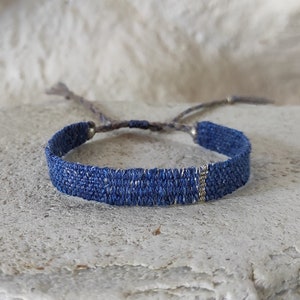Handwoven Bracelet Indigo Blue and Silver - Natural Fibers Silk, Cotton, Linen - Mini Weaving - Woven Minimalist Bracelet - Hand Loomed