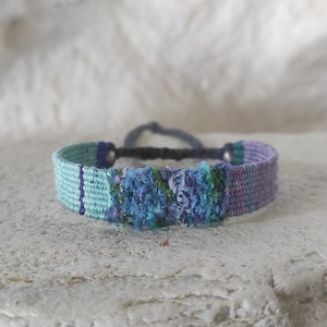 Handwoven Bracelet - Light Turquoise, Lilac & Ocean Colors - Fiber Bracelet - Silk Linen Cotton - Mini Weaving - Minimalist Bracelet
