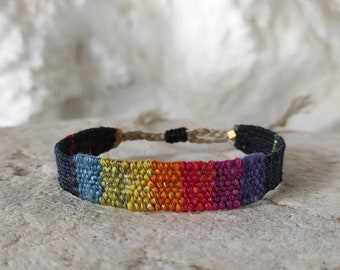 Handwoven Bracelet - Rainbow Colors & Black - Fiber Bracelet - Silk Cotton Linen - Woven Jewelry - Mini Weaving - Minimalist Bracelet