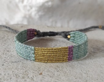 Handwoven Bracelet - Aqua Green Dusty Rose and Gold - Fiber Bracelet with Silk and Linen - Hand Loomed - Woven Minimalist Bracelet