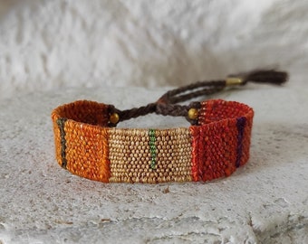 Pulsera tejida a mano - naranja cálido y ocre - pulsera de fibra - viscosa de algodón de seda de lino - pulsera boho tejida - mini tejido